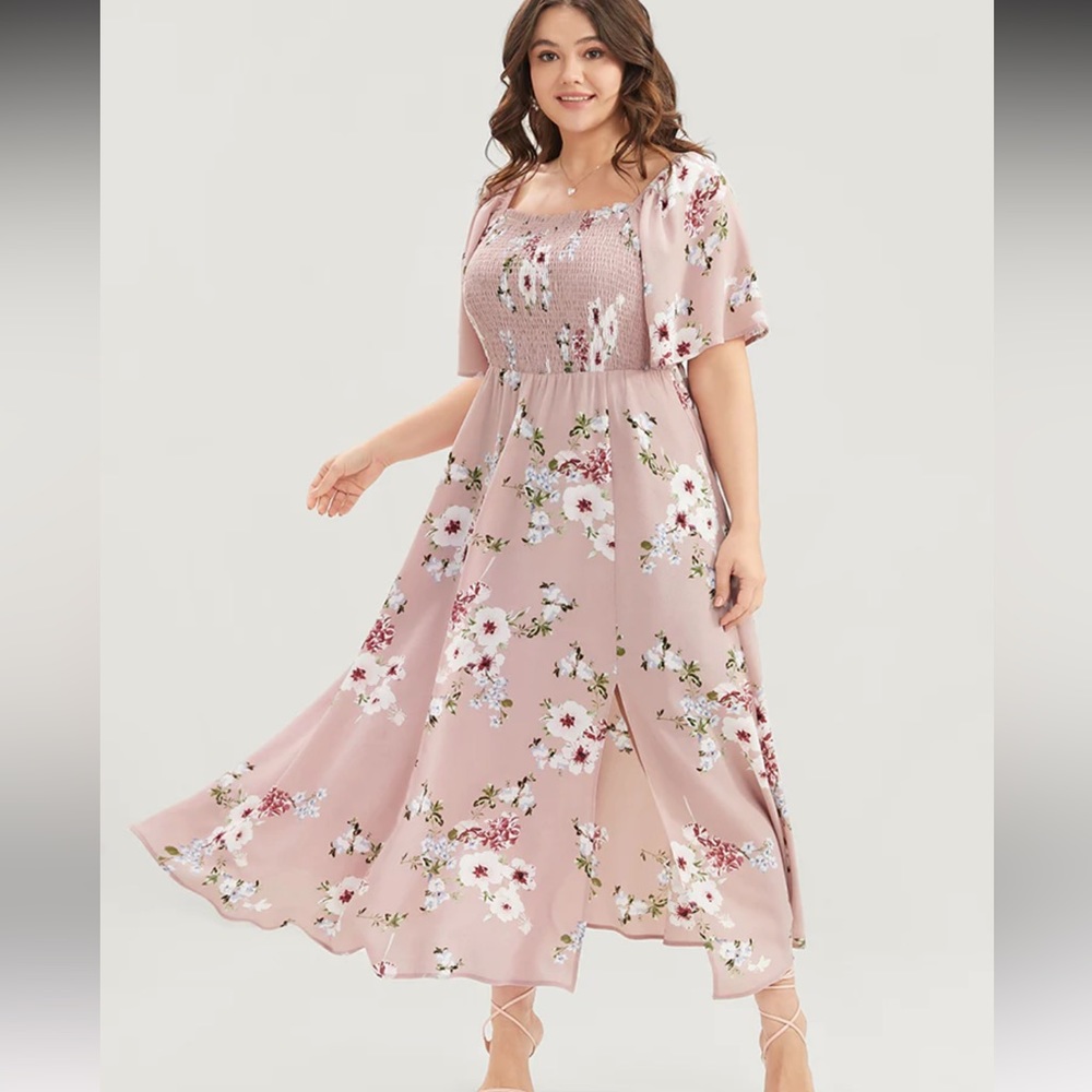 Floral Square Neck Ruffles Pocket Shirred Split Dress - Picture 4 of 8